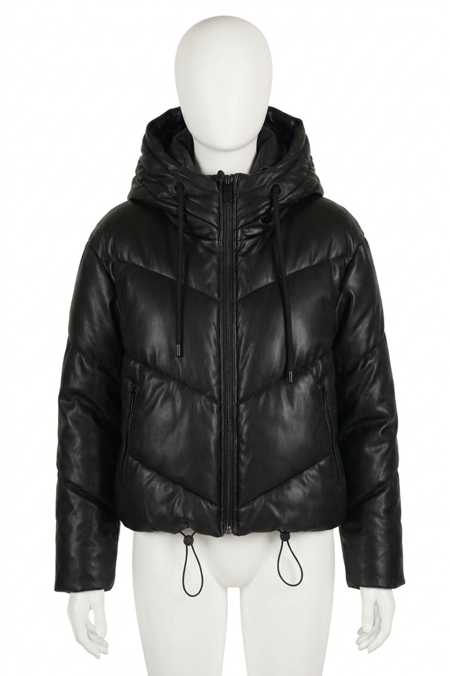 NEW LOVE TOKEN long lseeve hooded puffer jacket in black